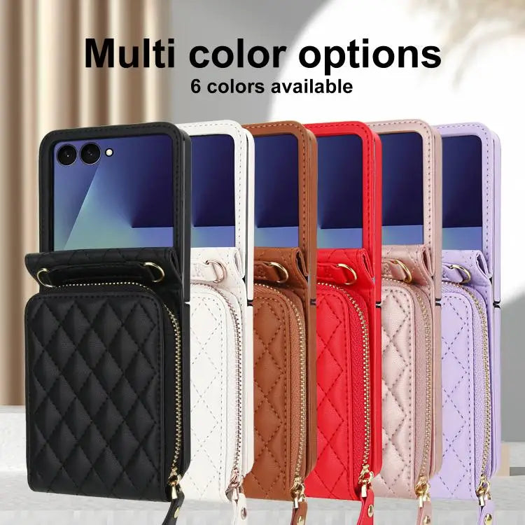 For Samsung Galaxy Z Flip7 5G Large Zipper Card Slot Leather Phone Case with Crossbody Strap(Black)