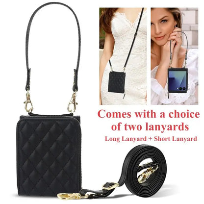 For Samsung Galaxy Z Flip7 5G Large Zipper Card Slot Leather Phone Case with Crossbody Strap(Black)