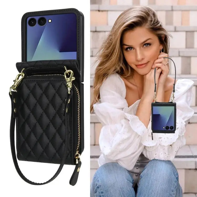 For Samsung Galaxy Z Flip7 5G Large Zipper Card Slot Leather Phone Case with Crossbody Strap(Black)