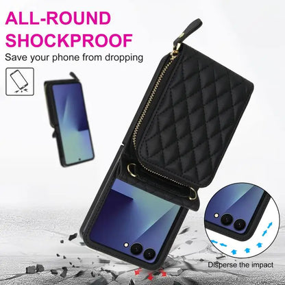 For Samsung Galaxy Z Flip7 5G Large Zipper Card Slot Leather Phone Case with Crossbody Strap(Black)