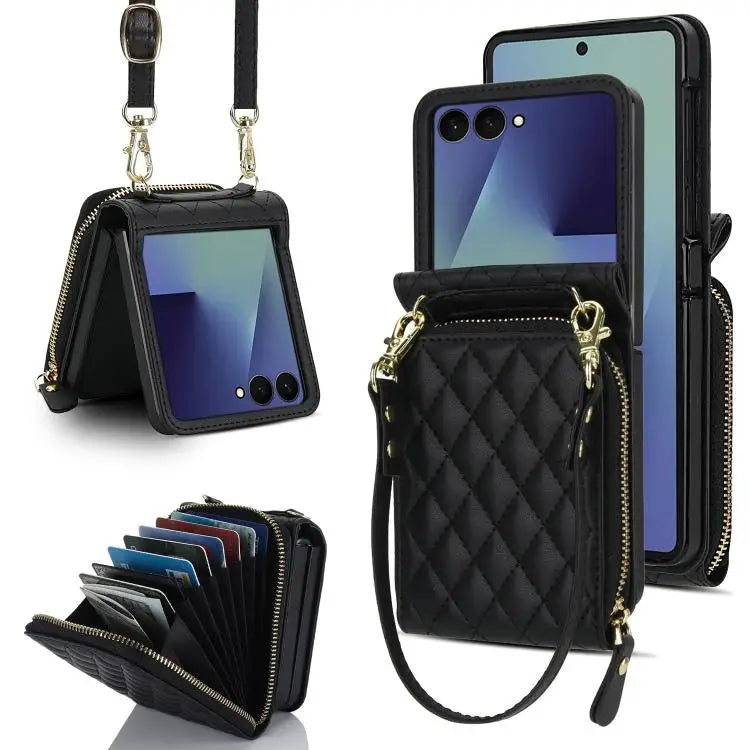 For Samsung Galaxy Z Flip7 5G Large Zipper Card Slot Leather Phone Case with Crossbody Strap(Black)