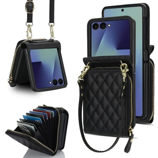 For Samsung Galaxy Z Flip7 5G Large Zipper Card Slot Leather Phone Case with Crossbody Strap(Black)
