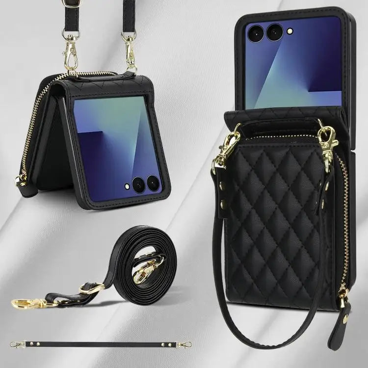 For Samsung Galaxy Z Flip7 5G Large Zipper Card Slot Leather Phone Case with Crossbody Strap(Black)