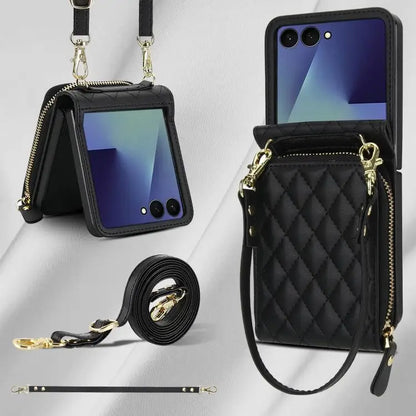 For Samsung Galaxy Z Flip7 5G Large Zipper Card Slot Leather Phone Case with Crossbody Strap(Black)