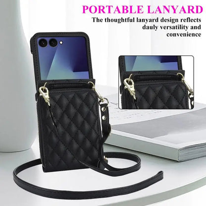 For Samsung Galaxy Z Flip7 5G Large Zipper Card Slot Leather Phone Case with Crossbody Strap(Black)