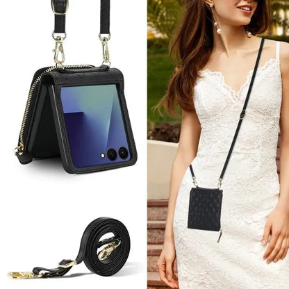 For Samsung Galaxy Z Flip7 5G Large Zipper Card Slot Leather Phone Case with Crossbody Strap(Black)