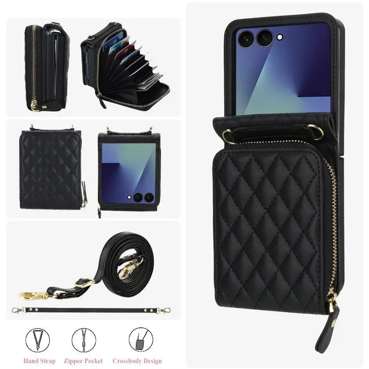 For Samsung Galaxy Z Flip7 5G Large Zipper Card Slot Leather Phone Case with Crossbody Strap(Black)