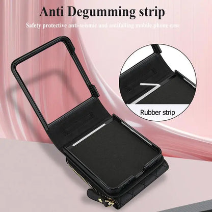 For Samsung Galaxy Z Flip7 5G Large Zipper Card Slot Leather Phone Case with Crossbody Strap(Black)