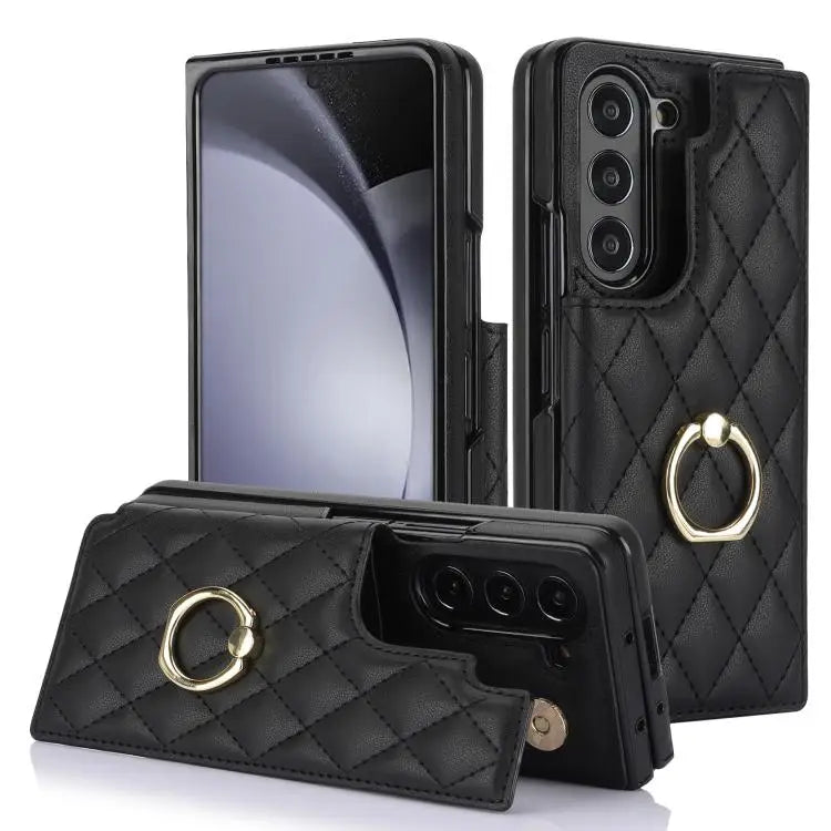 For Samsung Galaxy Z Fold7 Rhombic Texture Ring Double Buckle Leather Phone Case(Black)