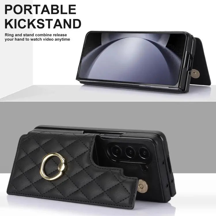 For Samsung Galaxy Z Fold7 Rhombic Texture Ring Double Buckle Leather Phone Case(Black)