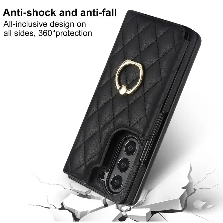 For Samsung Galaxy Z Fold7 Rhombic Texture Ring Double Buckle Leather Phone Case(Black)