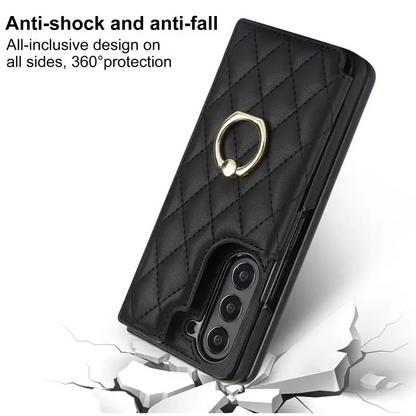 For Samsung Galaxy Z Fold7 Rhombic Texture Ring Double Buckle Leather Phone Case(Black)