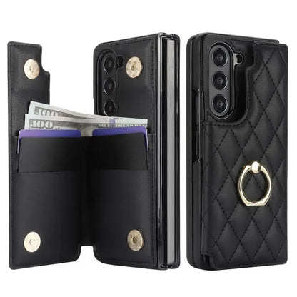 For Samsung Galaxy Z Fold7 Rhombic Texture Ring Double Buckle Leather Phone Case(Black)