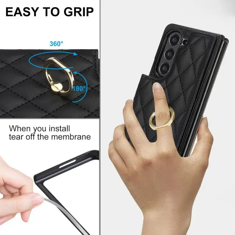 For Samsung Galaxy Z Fold7 Rhombic Texture Ring Double Buckle Leather Phone Case(Black)