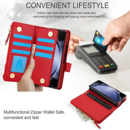 For Samsung Galaxy Z Fold7 Solid Color Wristband Wallet Folding Leather Phone Case with Lanyard(Red)
