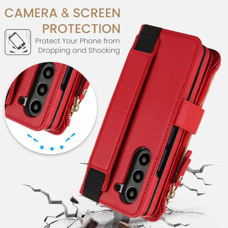 For Samsung Galaxy Z Fold7 Solid Color Wristband Wallet Folding Leather Phone Case with Lanyard(Red)