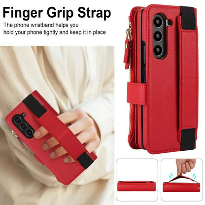 For Samsung Galaxy Z Fold7 Solid Color Wristband Wallet Folding Leather Phone Case with Lanyard(Red)
