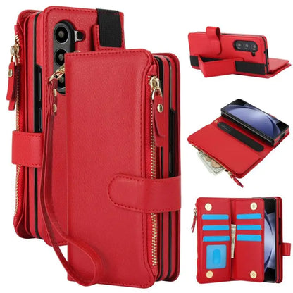 For Samsung Galaxy Z Fold7 Solid Color Wristband Wallet Folding Leather Phone Case with Lanyard(Red)