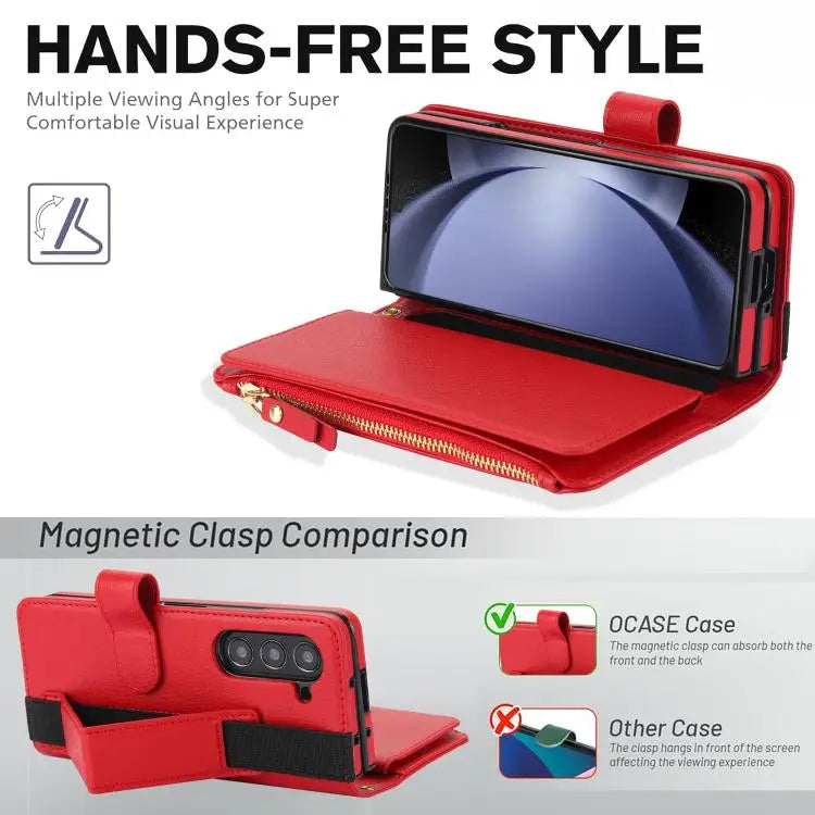For Samsung Galaxy Z Fold7 Solid Color Wristband Wallet Folding Leather Phone Case with Lanyard(Red)